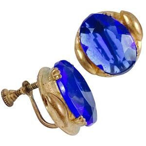 VTG 40s 50s Mid Century Gold Tone Screw Back Earrings Cobalt Blue Glass